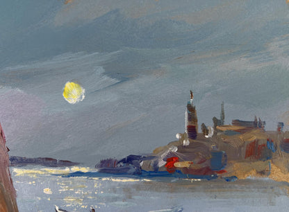 Oil painting of boats under moon by Yuriy Suprunchuk coastal scene