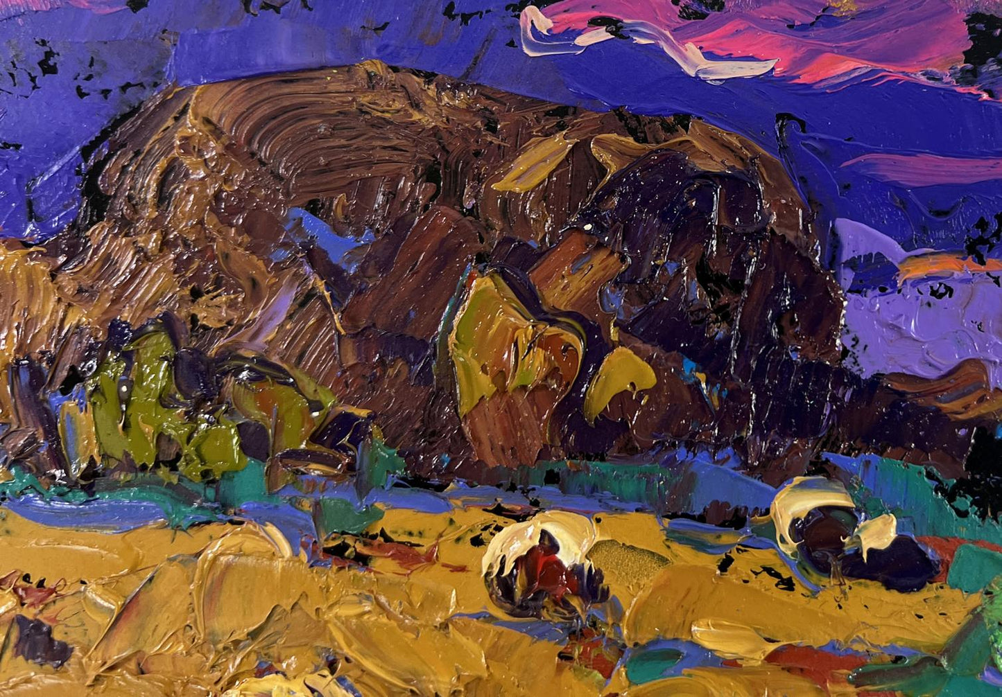 Oil painting Wind in the Stubble by Oleksiy Ivanyuk: rugged rock formation under purple sky