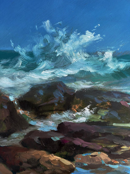 Oil painting by Yuriy Suprunchuk: turquoise waves crash on rocks