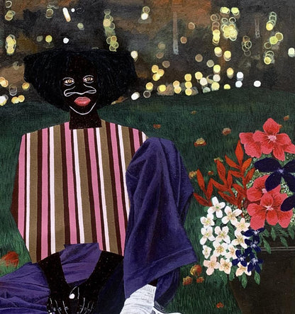 Stylized acrylic painting Held by the night by Akintomide Akinshola with black afro figure amid vibrant flowers
