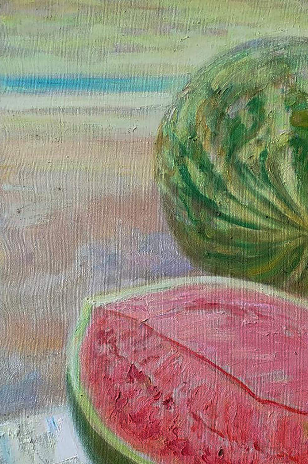 Oil painting of whole and sliced watermelon by Leonid Pavlenko