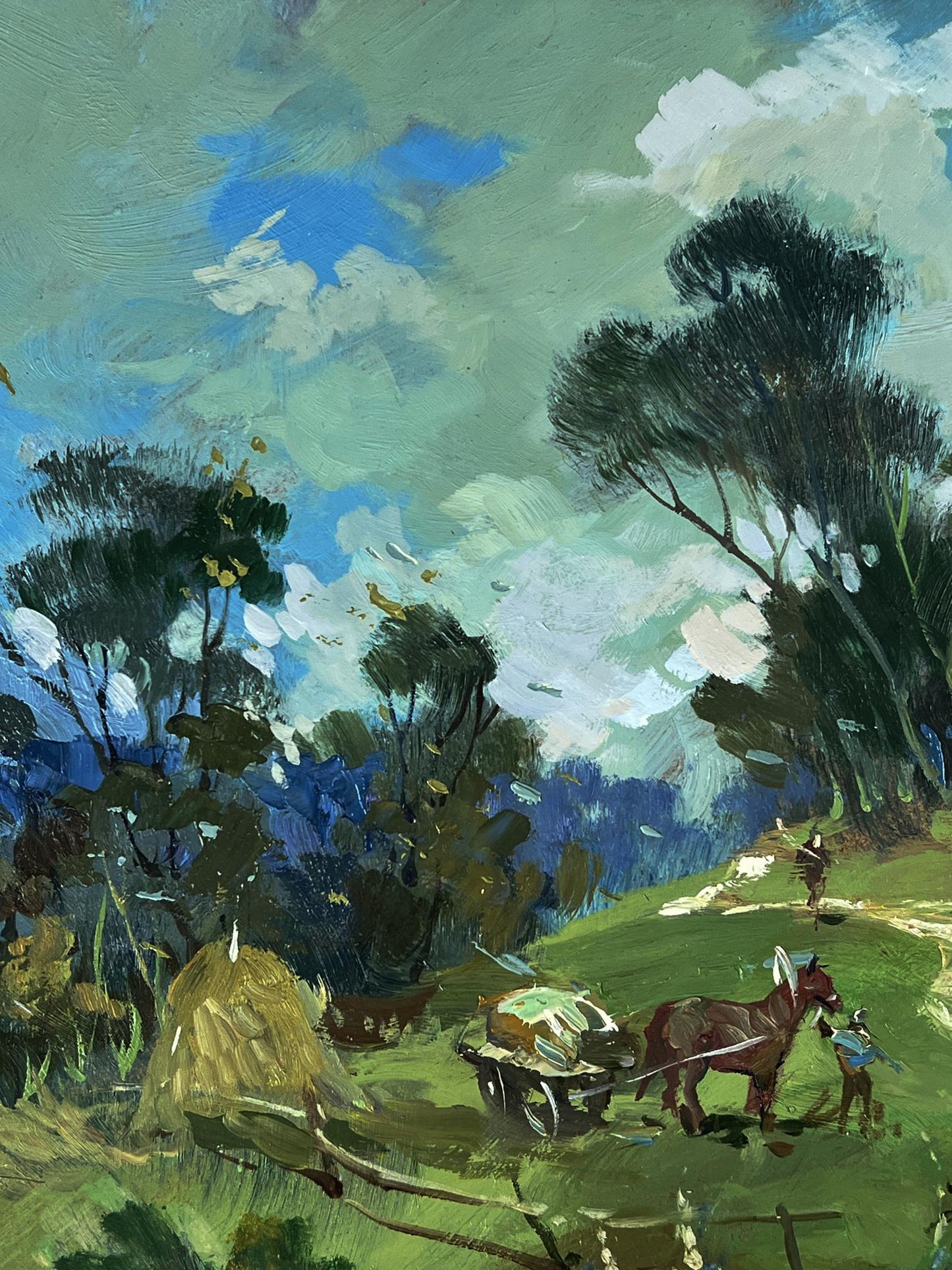 Rustic oil painting by Yuriy Suprunchuk of summer forest day with horse cart