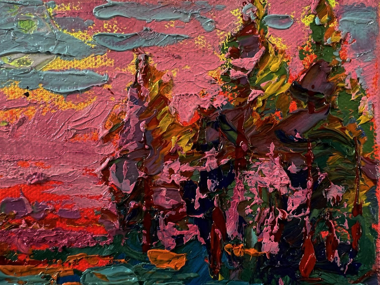 Vibrant oil painting Pink evening sunset by Oleksiy Ivanyuk with impasto strokes