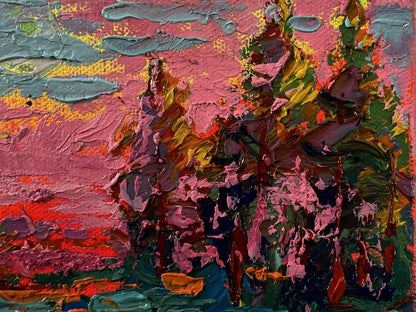 Vibrant oil painting Pink evening sunset by Oleksiy Ivanyuk with impasto strokes