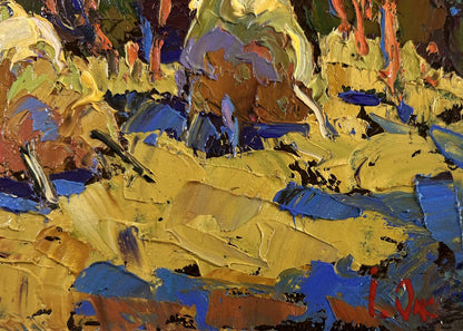 Oil painting Autumn silence by Oksana Ivanyuk with yellow, blue, brown strokes
