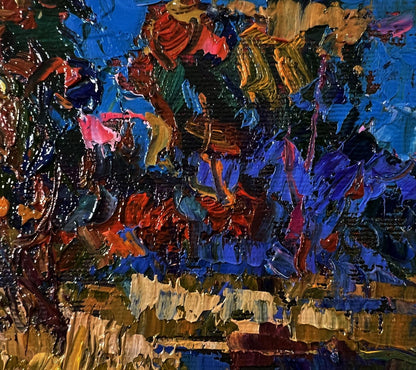 Vibrant oil painting Boat in the swamp by Oksana Ivanyuk in bold blues reds golds