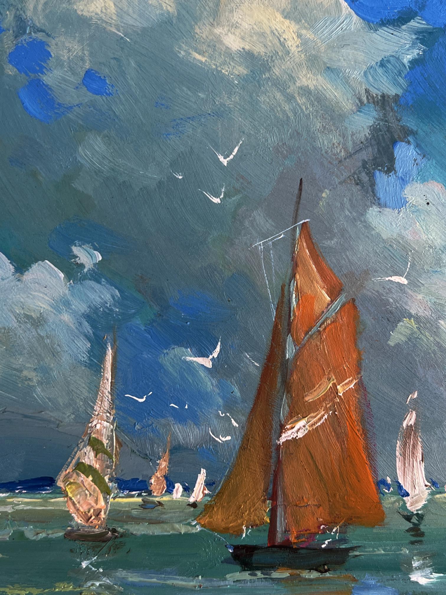 Oil painting of vibrant orange sailboat at sea by Yuriy Suprunchuk