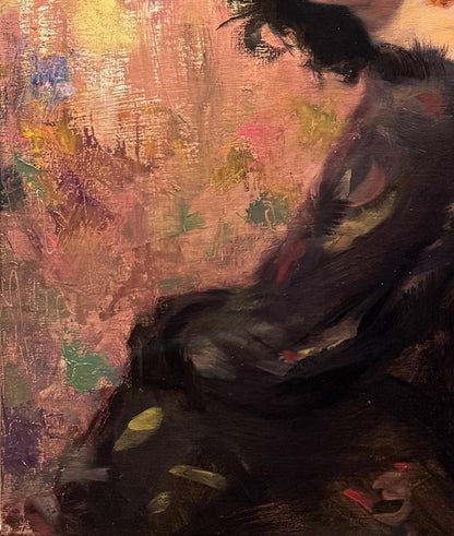 Oil painting portrait of a woman by Shirley Annam Butt, dark textured figure on vibrant pink yellow background