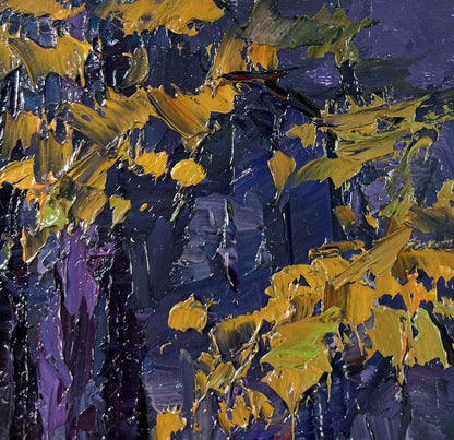 Oil painting Fog in the autumn forest by Boris Serdyuk, textured abstract
