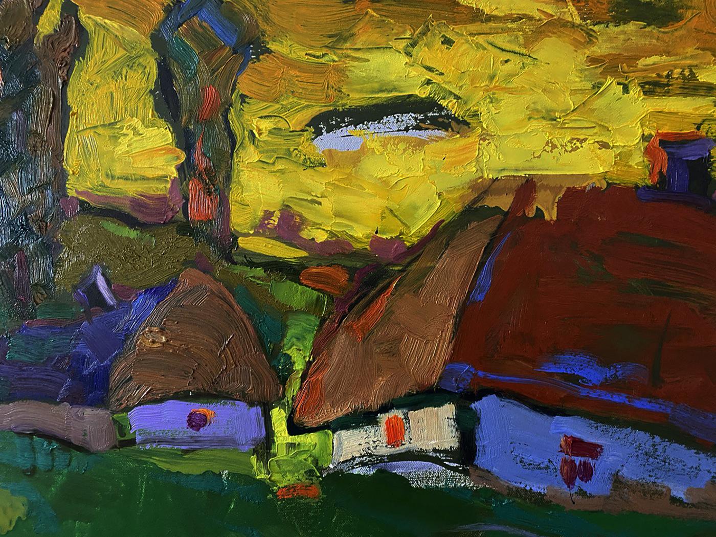 Vibrant impressionist oil painting Warm evening Oleksiy Ivanyuk rustic cottages yellow sky