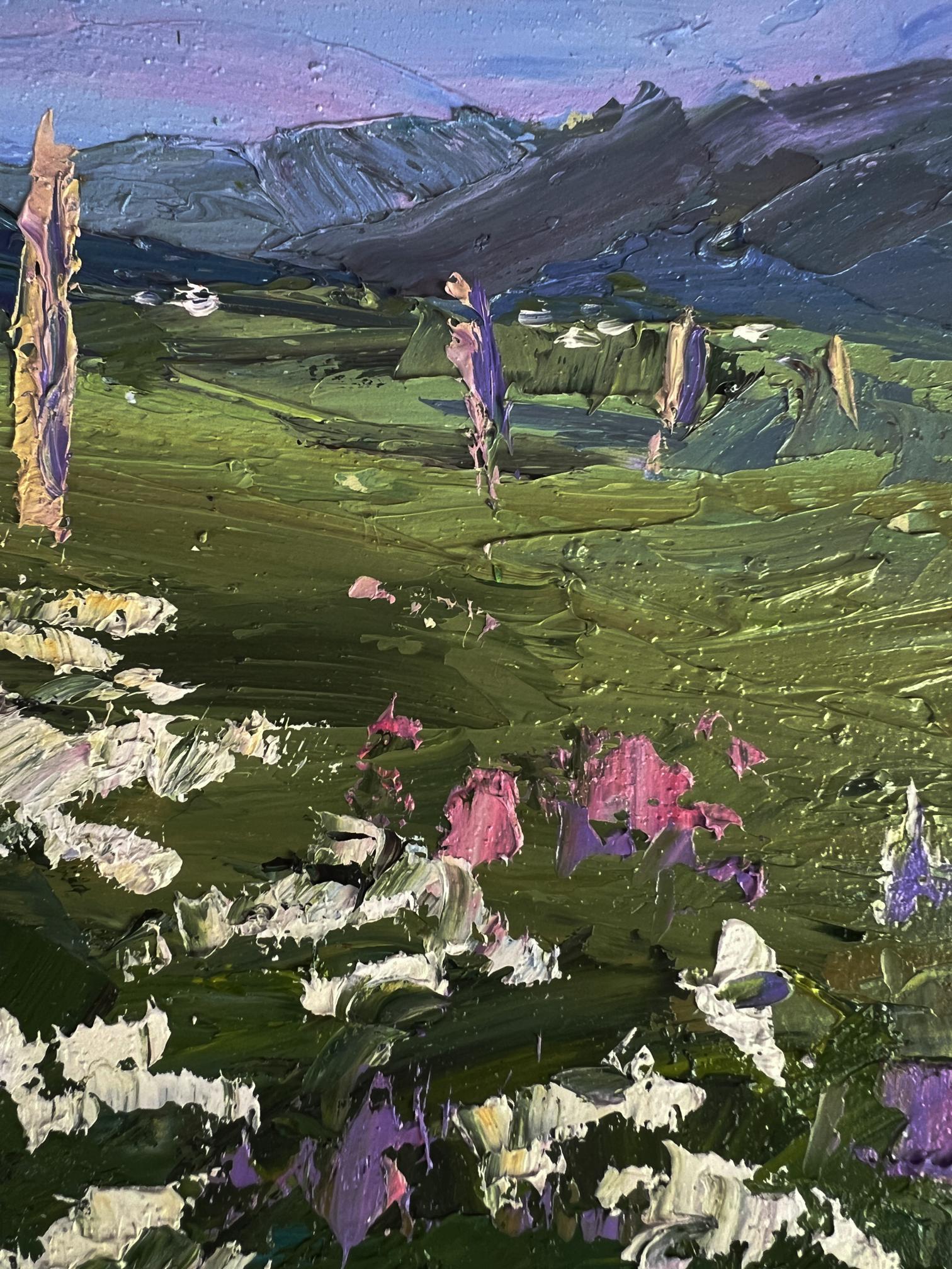 Textured impressionist oil painting of flowering mountain fields by Boris Serdyuk