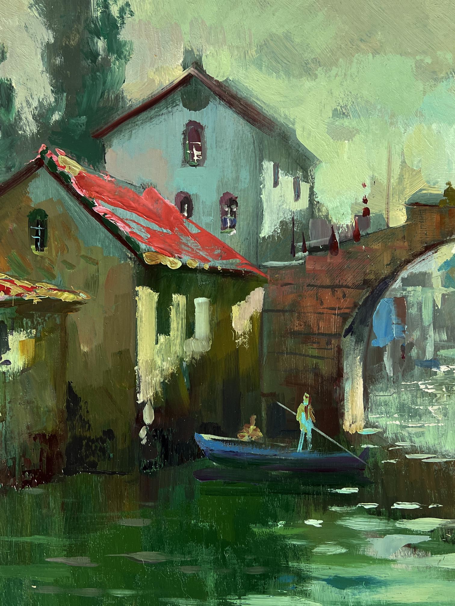 Oil painting of Venice canal with blue rowboat on green water by Yuriy Suprunchuk