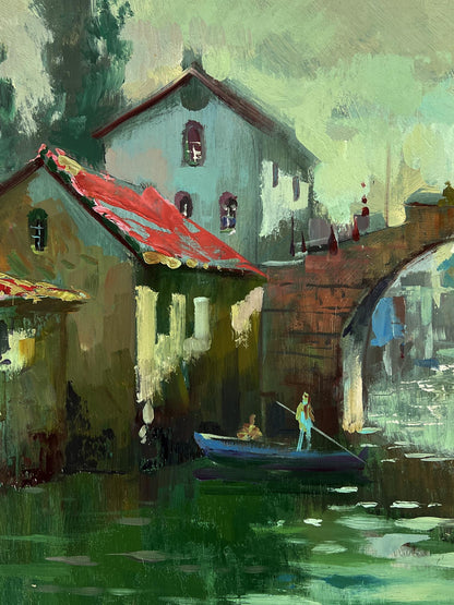 Oil painting of Venice canal with blue rowboat on green water by Yuriy Suprunchuk