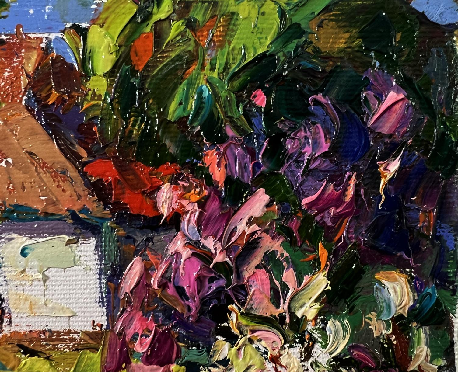 Vibrant impressionist oil painting of flowering bush in garden by Oksana Ivanyuk