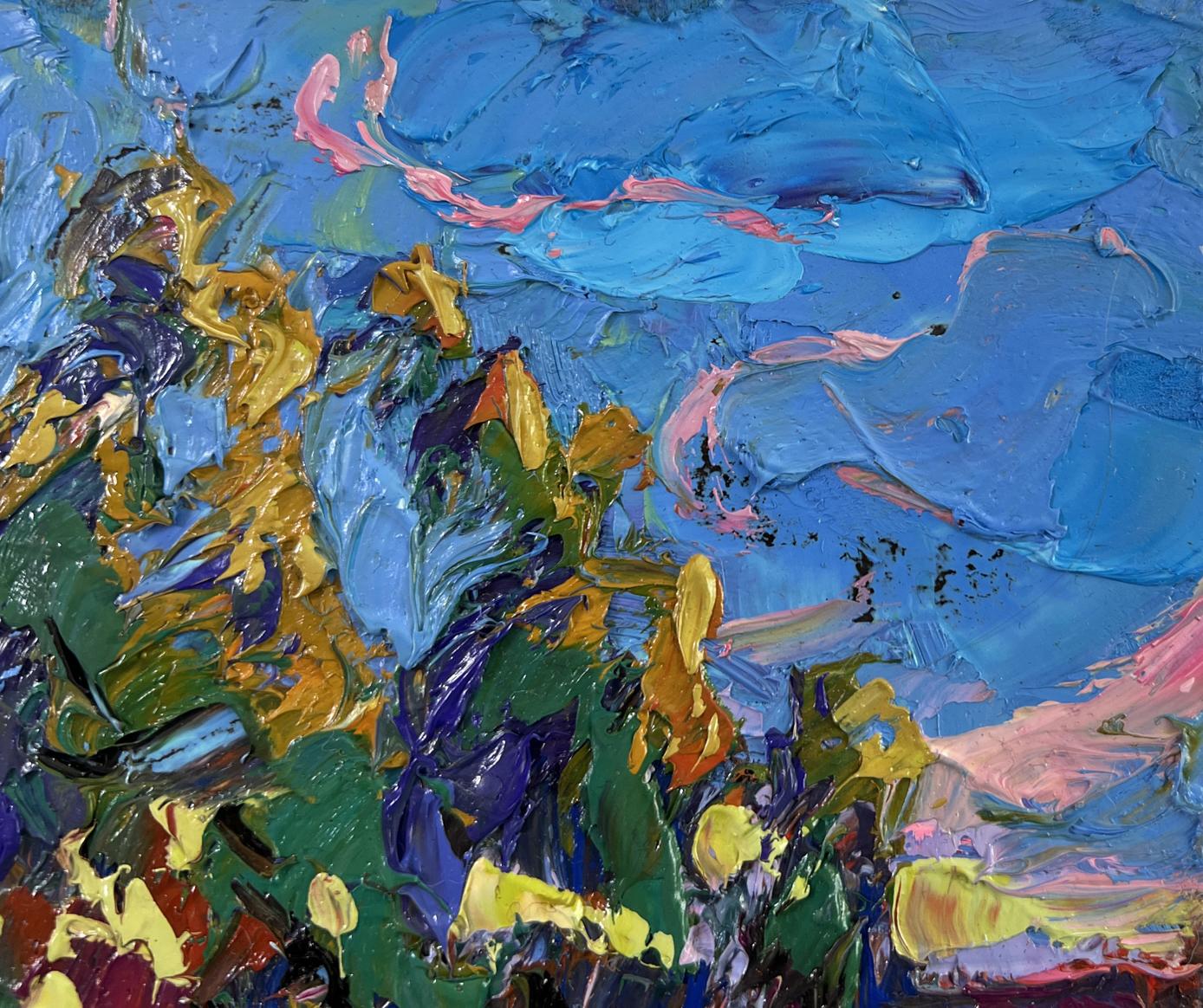 Vibrant Oleksiy Ivanyuk oil painting When the day fades into evening with textured blue gold green pink brushstrokes