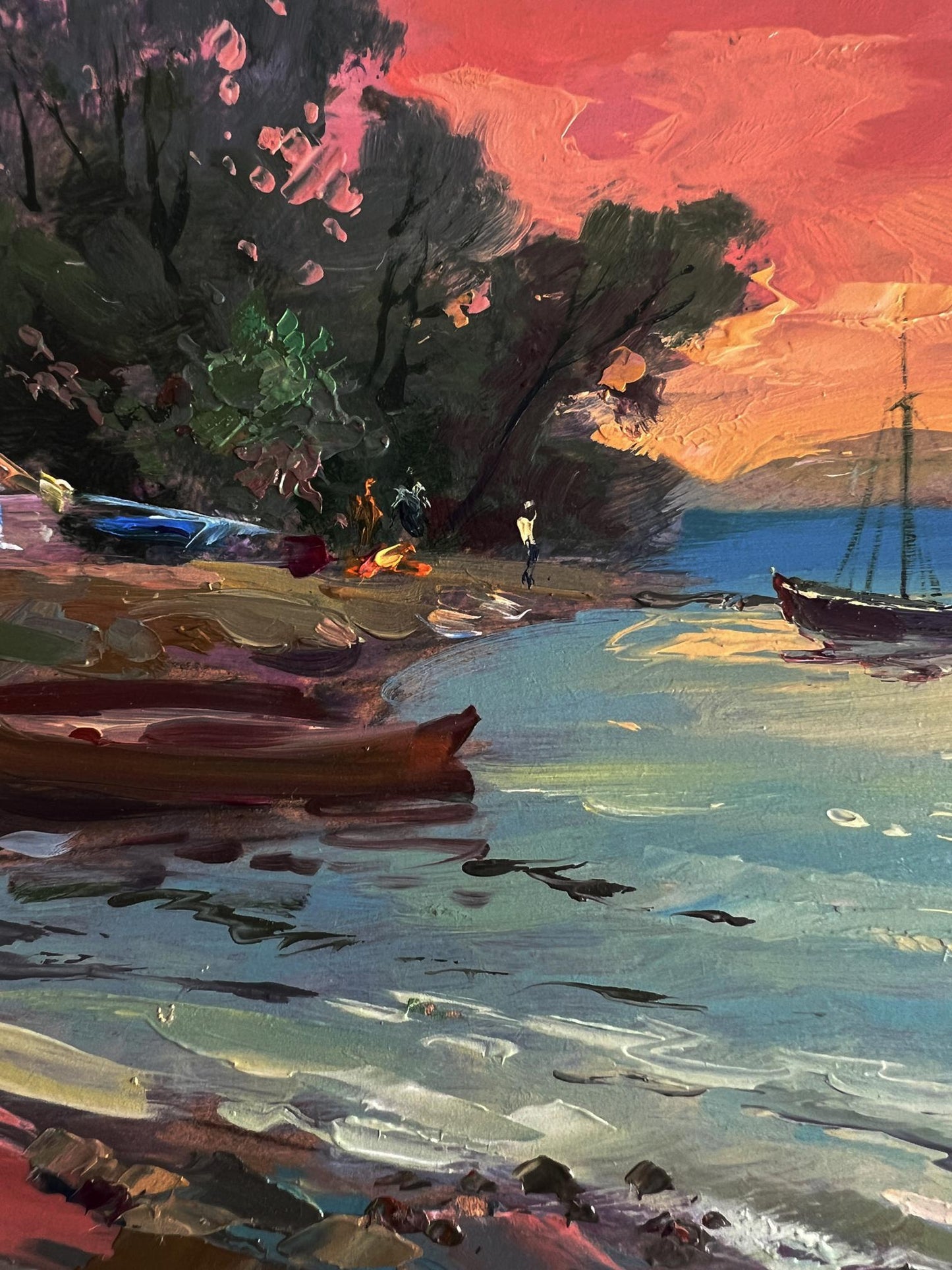 Vibrant impressionist oil painting Boats at sunset by Yuriy Suprunchuk