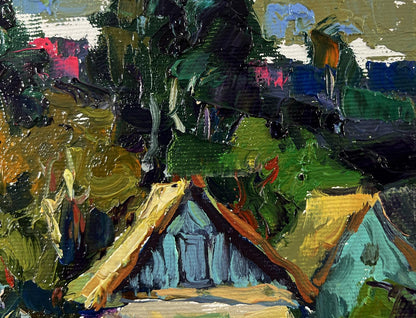 Vibrant oil painting by Oksana Ivanyuk of rustic cottage with blue door and yellow roof among green trees