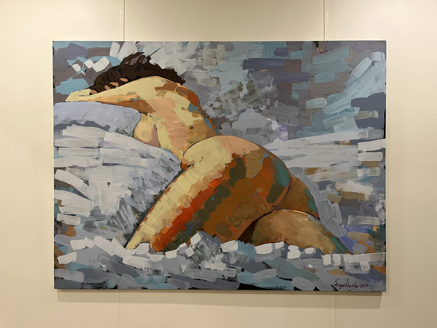 Abstract nude Relax acrylic painting by Serhiy Kovalev in ochre tones