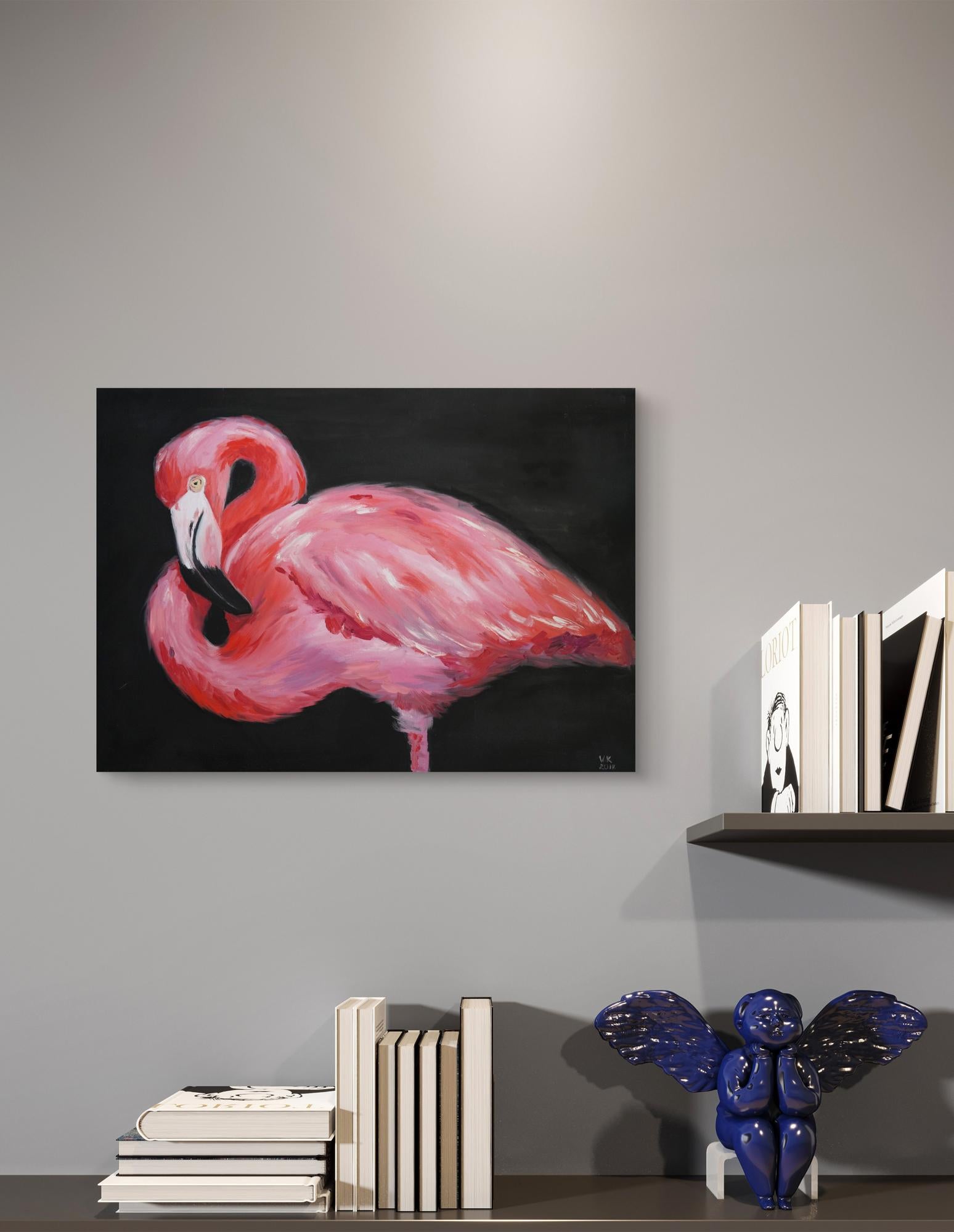 Vibrant pink flamingo oil painting by Victoria Kagalovska