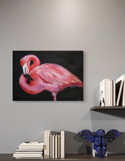 Vibrant pink flamingo oil painting by Victoria Kagalovska