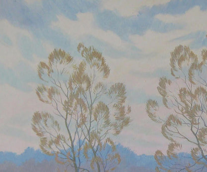 Watercolor of two golden-brown trees by Valery Savenets against blue sky