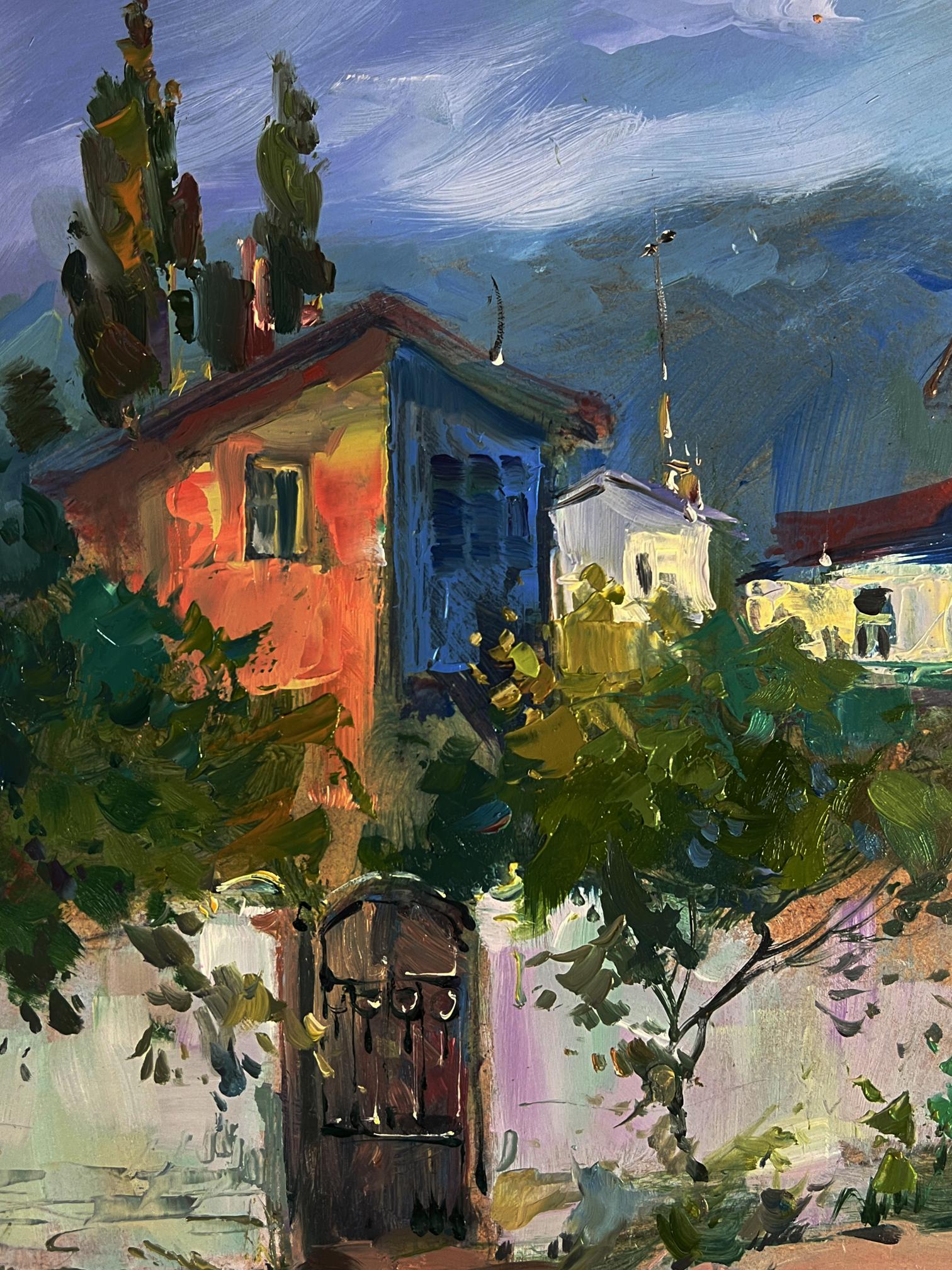 Vibrant impressionistic oil painting by Yuriy Suprunchuk of colorful house in trees