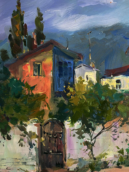 Vibrant impressionistic oil painting by Yuriy Suprunchuk of colorful house in trees