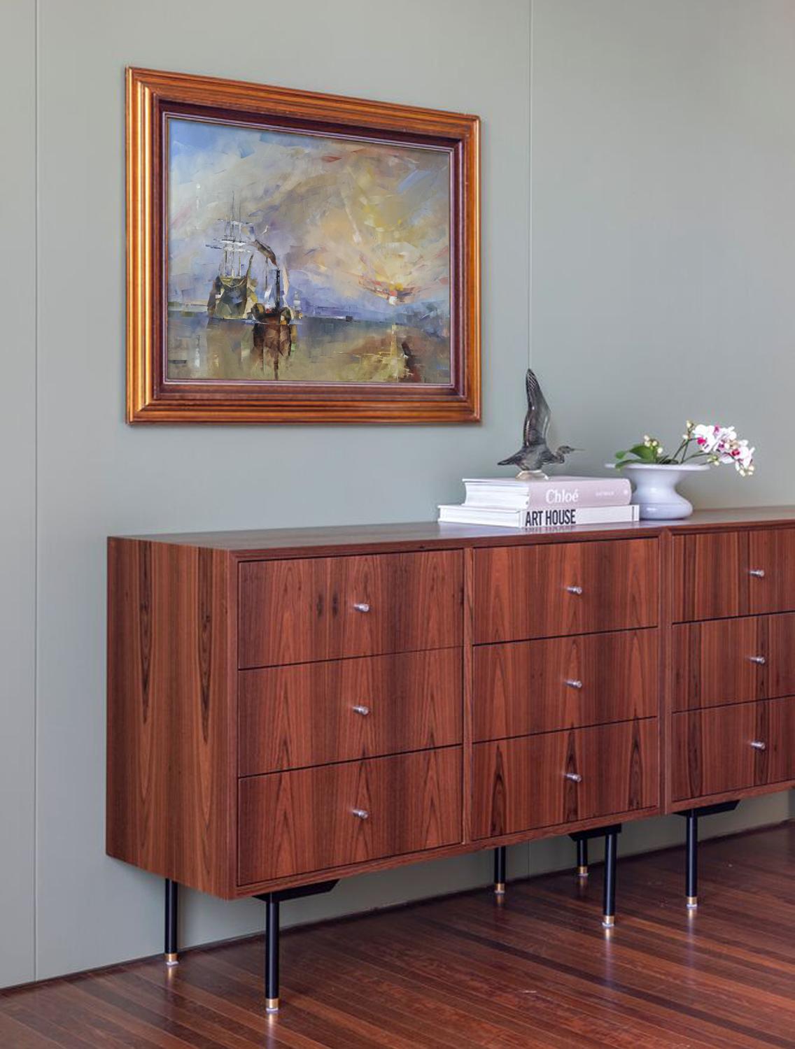 Oil painting Shining Volodymyr Gluhomanyuk on mahogany mid-century dresser