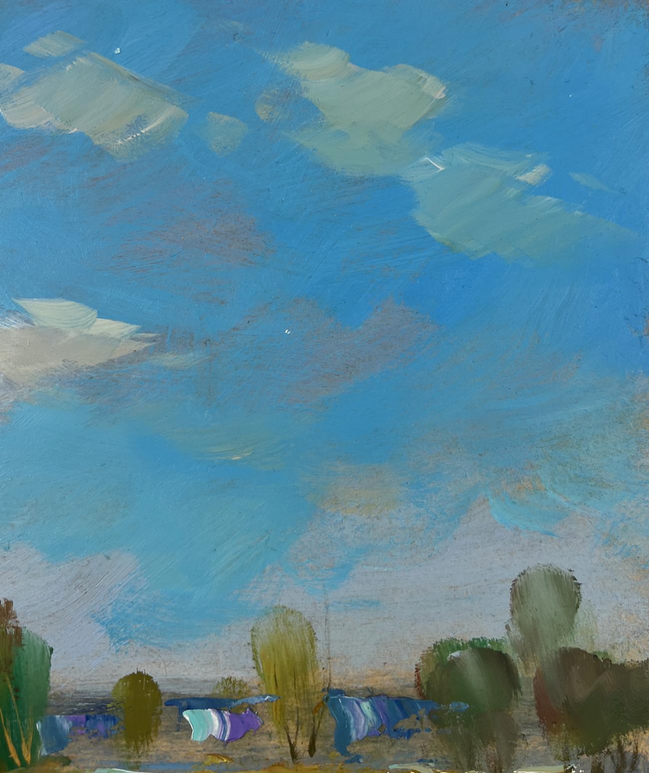Oil painting The sun and the riverbank by Yuriy Suprunchuk with blue sky and trees