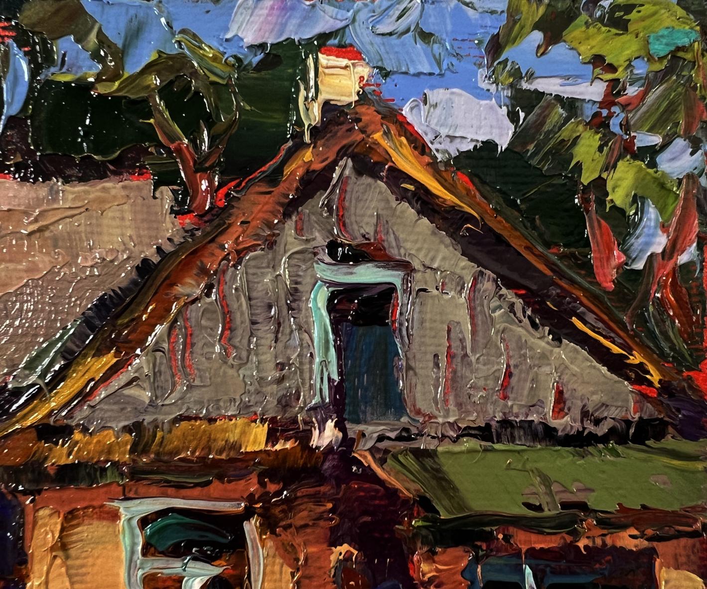 Oil painting Silence in a village house by Oksana Ivanyuk, rustic thatched cottage
