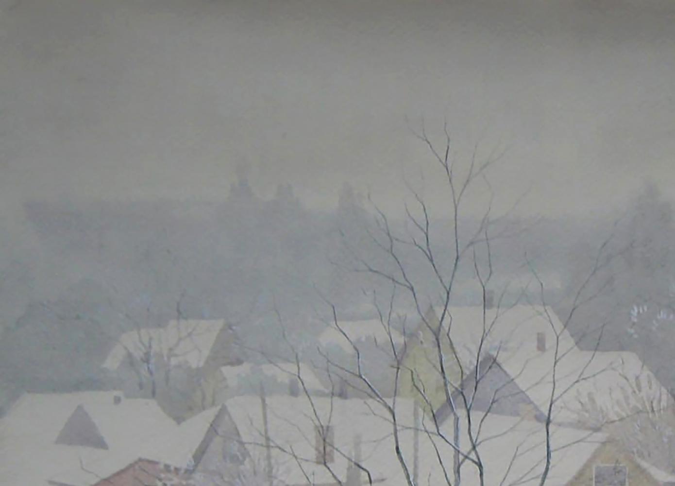 Watercolor painting of snowy morning city by Valery Savenets