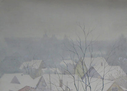 Watercolor painting of snowy morning city by Valery Savenets