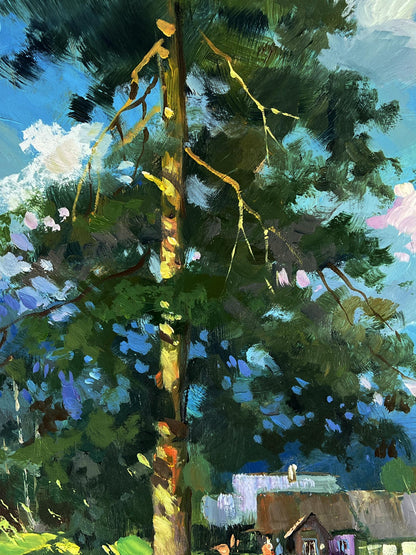Oil painting of tall textured pine tree in swamps near Yuriy Suprunchuk village