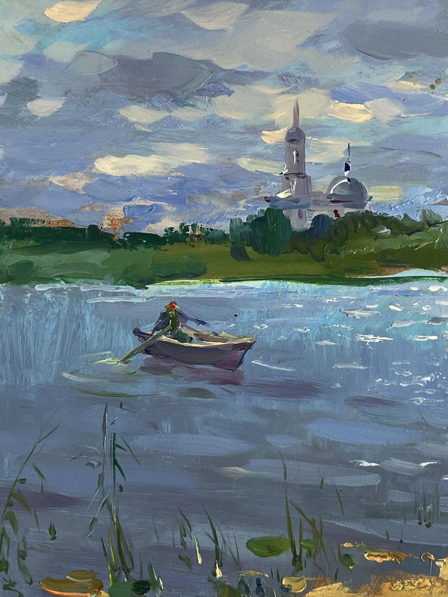 Oil painting of summer fishing on Yuriy Suprunchuk river: rowboat in red gliding on blue water