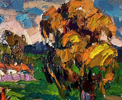 Oil painting Outside the village by Oksana Ivanyuk, vibrant autumn tree