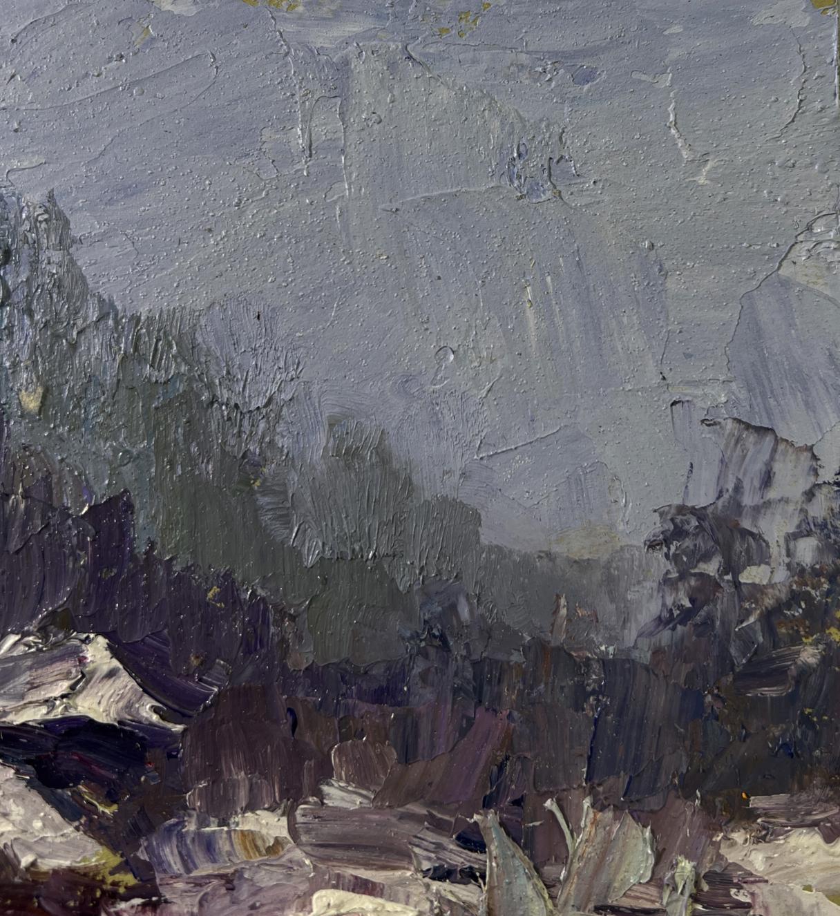 Oil painting of moody winter village by Boris Serdyuk in gray tones