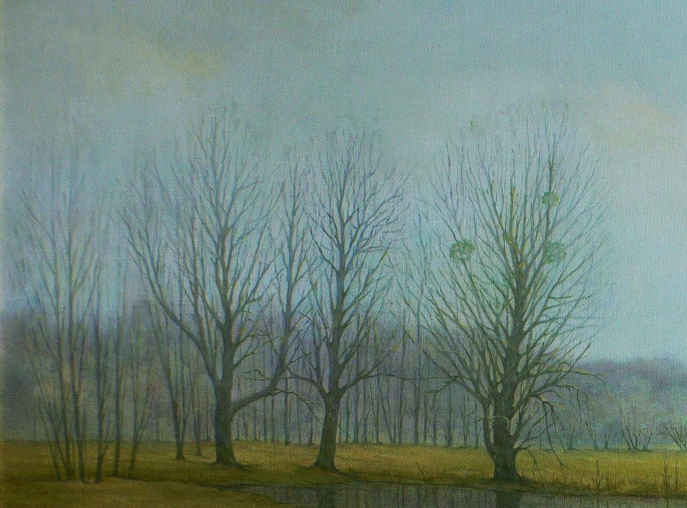 Oil painting Autumn swamp by Vasily Korkishko: muted blue-gray sky over bare trees