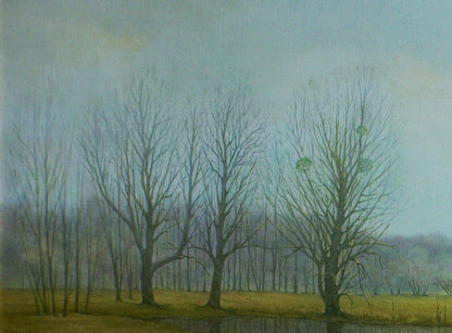 Oil painting Autumn swamp by Vasily Korkishko: muted blue-gray sky over bare trees