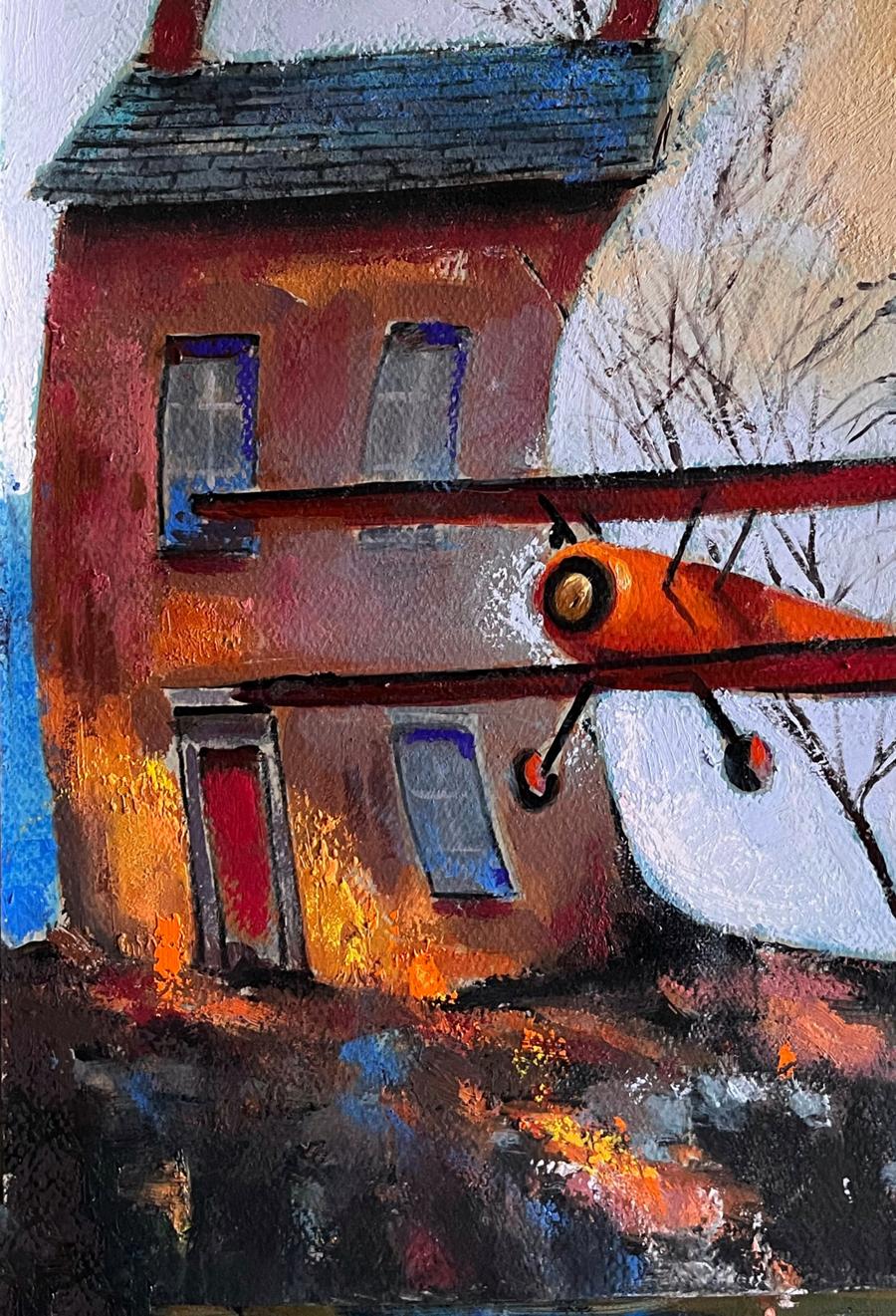 Orange biplane with red struts in Red Flight acrylic painting by Juan Angel Gonzalez de la Calle