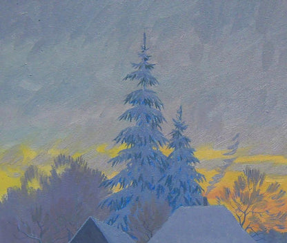 Snow-covered evergreens in Oil painting Night after the storm by Valery Savenets