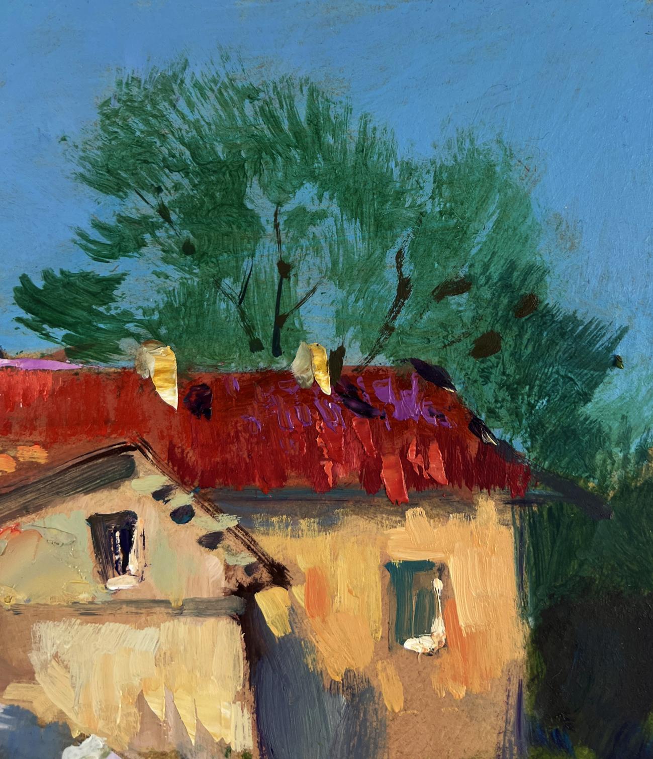 Oil painting of village bridge by Yuriy Suprunchuk with red roof and green trees
