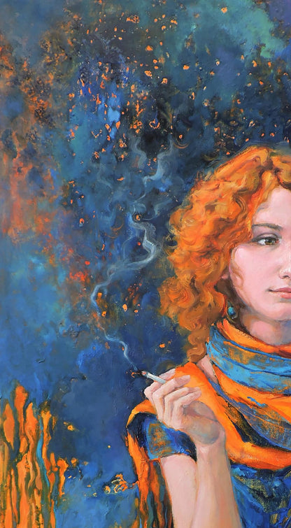 Oil painting of Oksana Osnach, orange curly hair, patterned scarf, cigarette
