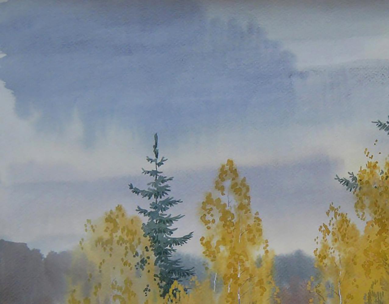 Watercolor autumn yellow forest painting by Valery Savenets with pine and birch trees
