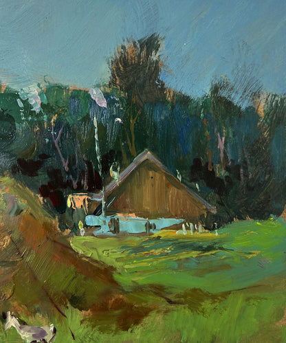 Oil painting of rustic wooden barn in green field by Yuriy Suprunchuk
