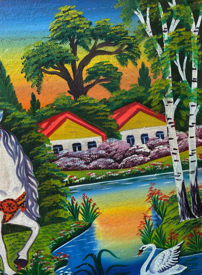 Oil painting Romantic walk by the lake with yellow houses, river, swan