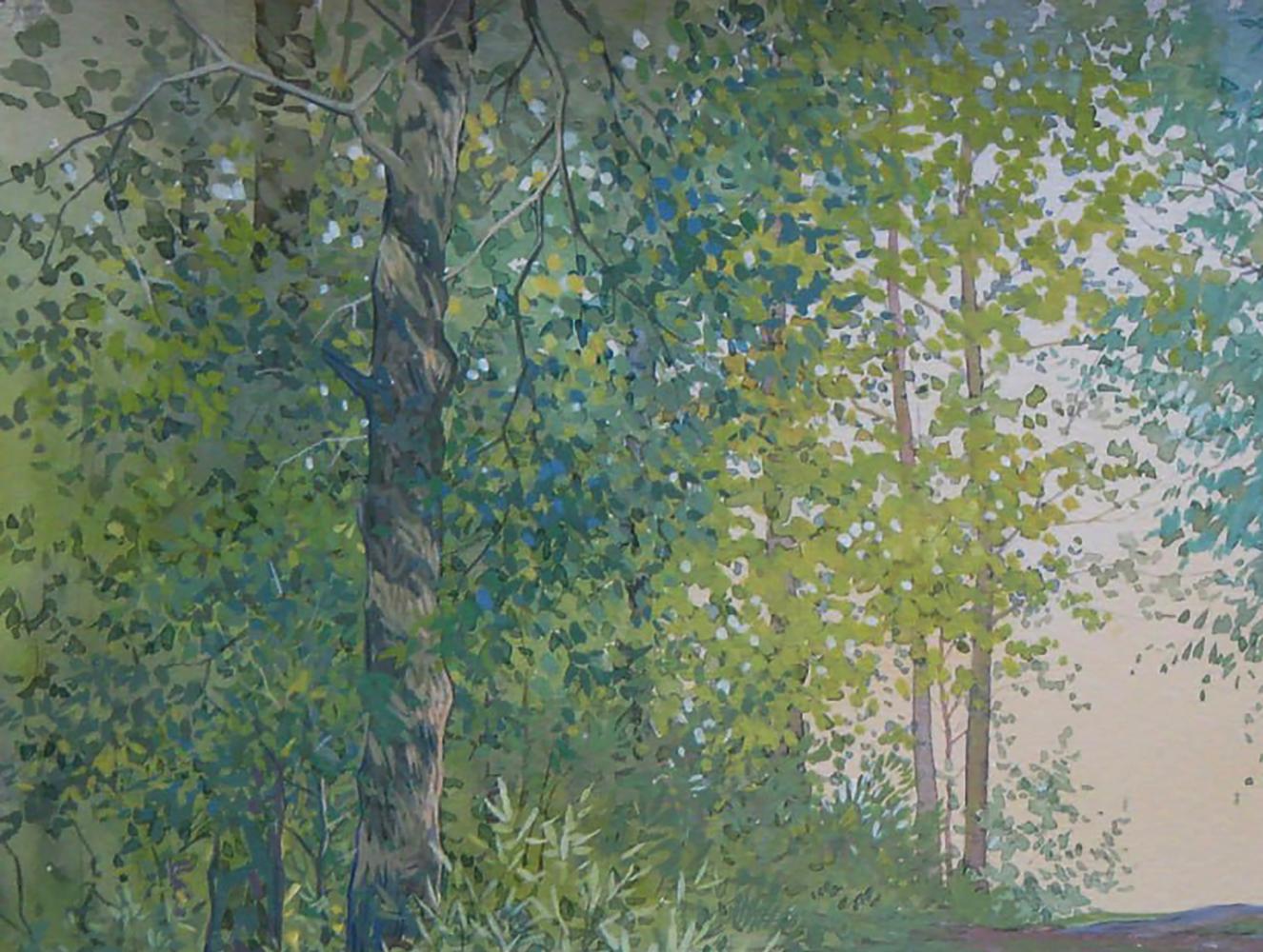 Watercolor painting of summer forest path by Valery Savenets