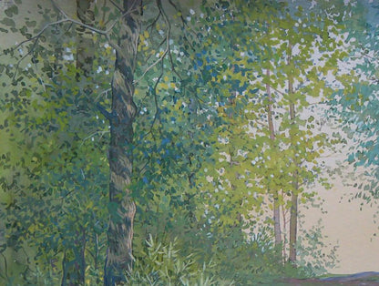 Watercolor painting of summer forest path by Valery Savenets