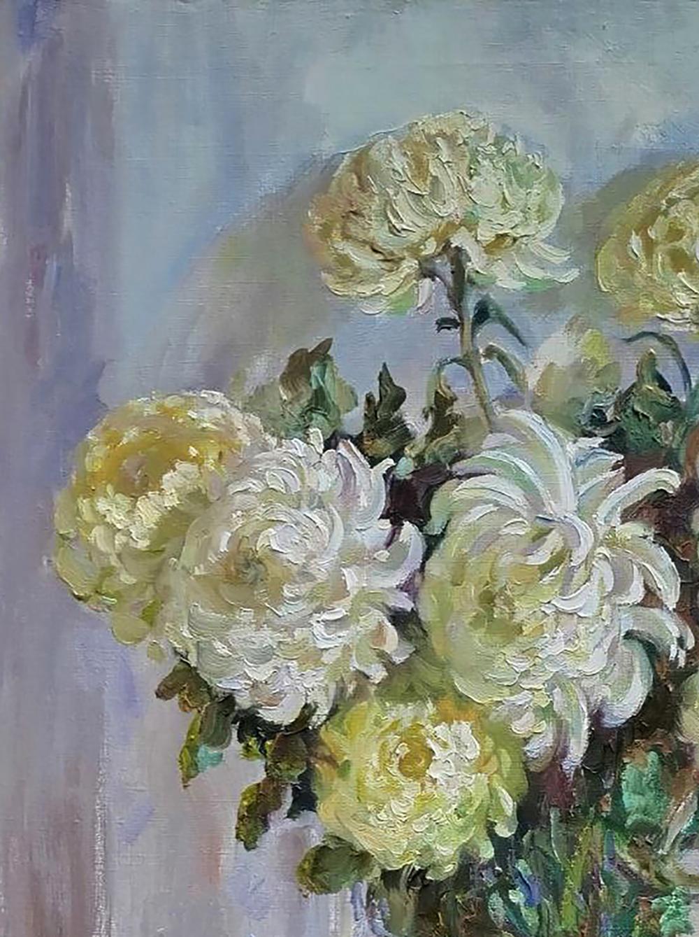 Oil painting Pears with flowers by Leonid Pavlenko, chrysanthemum bouquet
