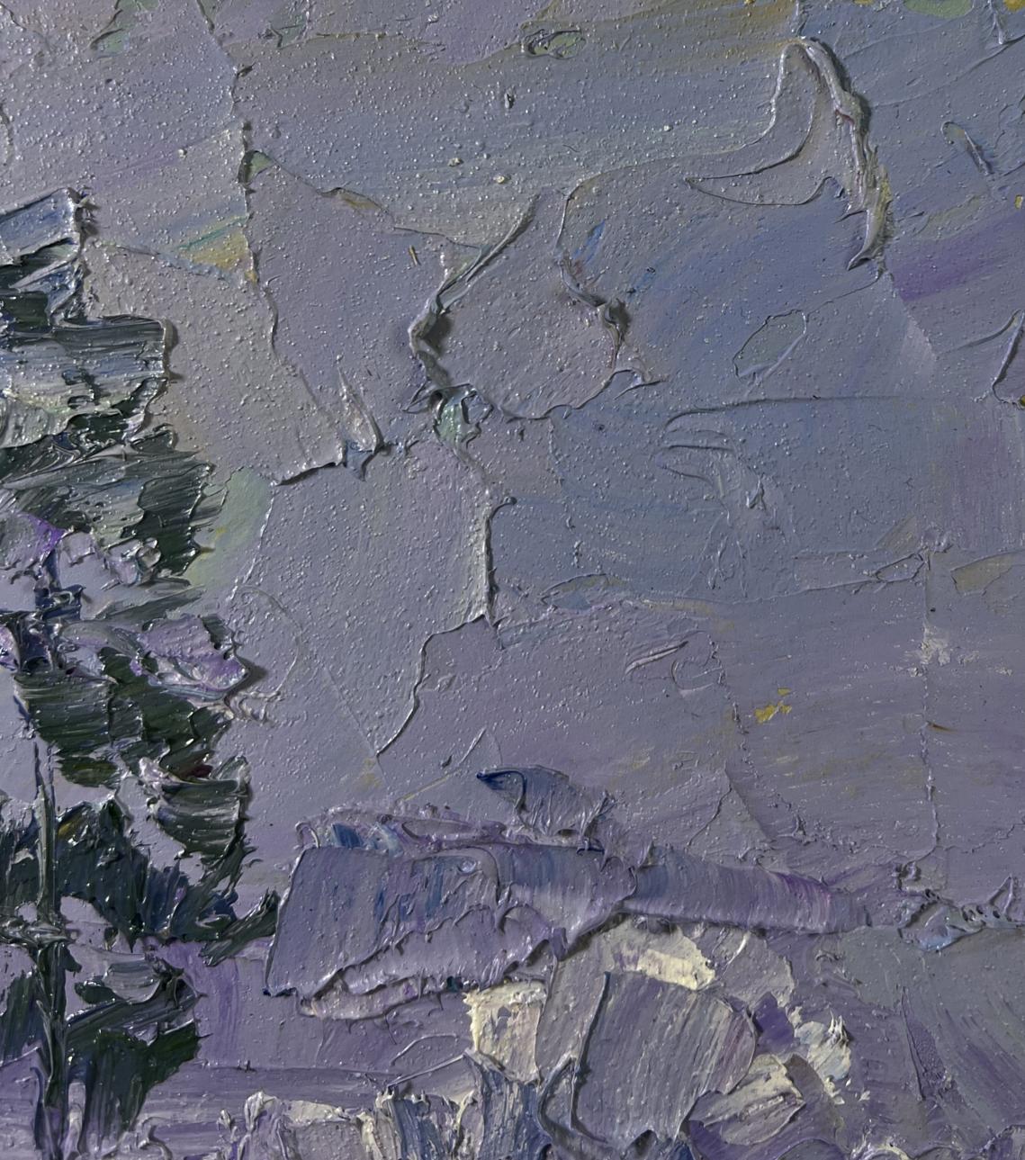 Oil painting The forest was covered with snow by Boris Serdyuk, textured gray purple impasto canvas