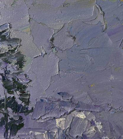Oil painting The forest was covered with snow by Boris Serdyuk, textured gray purple impasto canvas